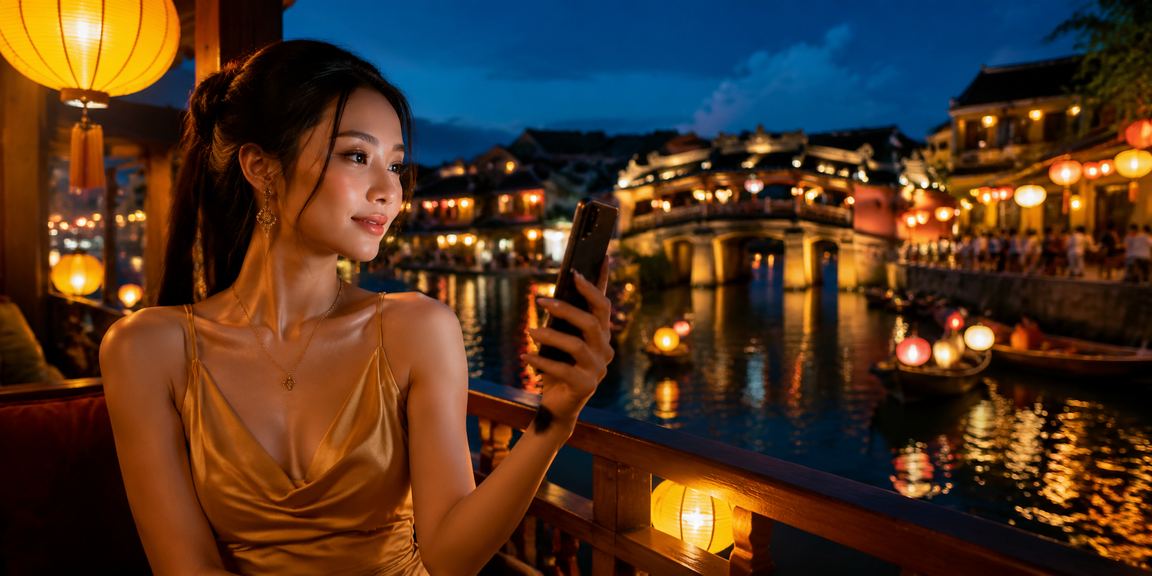 Người dùng sử dụng điện thoại theo dõi kèo trận đấu ngay tại Hội An